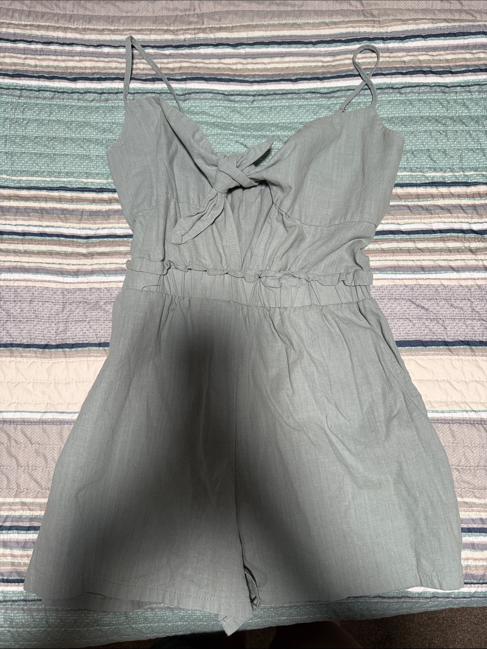 Light Sage Tie-Front Linen Romper